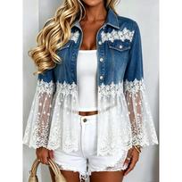 Lace mesh stitching horn sleeve denim jacket 2XL