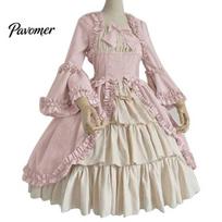 Ponios Retro kvadratinis kaklo aptemptas juosmuo Bowknot viduramžių suknelė Cosplay vakarėlio kostiumas S rožinė