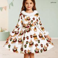 Girls White Christmas Printed Dress High Neck Long Sleeve Furry Trim Bow Waist A Line Flared 180 white