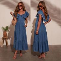Women S Loose Western Style Denim Dress With Ruffled Collar Solid Color Short Sleeve S tamsiai mėlyna spalva