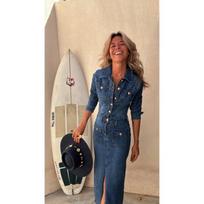 Casual Fashion Multi Button Long Sleeve Denim Midi A Line Dress For Women S tamsiai mėlyna spalva