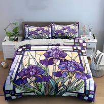 Stained Glass Irises Decoration Set  Bedding Set with 1 Duvet Cover 2 Pillowcases Single Double King Queen, Gift US Twin 173X218cm&set