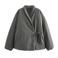 Autumn and Winter Fashion Double-breasted Kimono-style Padded Warm Fleece-lined Jacket Women's Niche Bow Knot Jacket L pilka