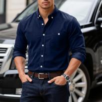 Men's Retro Corduroy Shirt Korean Casual with Turn-Down Collar and Patch Pocket XXL tamsiai mėlyna