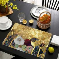 Gustav Klimt Golden Floral Polyester Placemats, Machine Washable, Rectangular Table Mats Suitable for Dining, Parties, Kitchen 4PCS beige