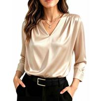 Women's V-Neck Three-Quarter Sleeve Casual Blouse for Summer Everyday Wear XL smėlis