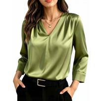 Women's V-Neck Three-Quarter Sleeve Casual Blouse for Summer Everyday Wear XL žalia