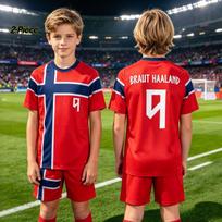 2026 M. Berniukų Norvegijos Futbolo Sirgalių Marškinėliai, Haaland 9 Spausdintas Marškinėlių ir Šortų Rinkinys, 2 Dalių Sportinis Kostiumas, Derinantis Rinkinys, Galima įsigyti tik viršutinę dalį 130