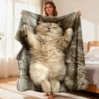 Extra Large Cozy Plush Blanket Chubby Scottish Fold Cat Sleeping Belly Up Design Super Soft All-Season Throw for Sofa Camping & Ho 150cm*220cm