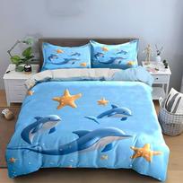 Cute Dolphin Starfish Decoration Set Bedding Set with 1 Duvet Cover 2 Pillowcases Single Double King Queen, Gift AU Double 180X210cm&set