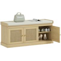 Entryway Shoe Bench for 9 Pairs, 3 Rattan Doors, Cushion and Adjustable Shelf, 105x35x47 cm, Oak