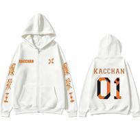 Anime My Hero Academia Bakugou Katsuki Zipper Hoodie Men Women Cartoon Cosplay Zip Up Hoodies Male Casual Retro Oversized Jacket XXL balta