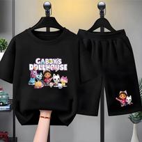 Children Summer Clothing Tshirt+Shorts Gabbys Dollhouse Print Boy Girl Toddler 3-12Yrs Short-Sleeved cool leisure Set 110 gray