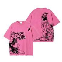 Washed Tee JoJo's Bizarre Adventure Gyro Zepelli T Shirt Anime Washed T-shirt Summer 100% Cotton Loose Tees Tops Men Unisex Clothing oversize2 4XL pink