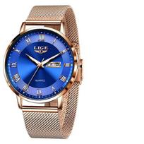 LIGE Ultra-thin Women Watches Luxury Quartz Watch Woman Fashion Bracelet Ladies Watch Waterproof Calendar Week Clock Wristwatch blue