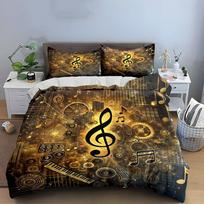 3Pcs Steampunk Music Bedding Set, Golden Treble Clef and Gears Print Duvet Cover + 2 Pillowcases, Music Lover Decor EU Twin 135X200cm&set brown