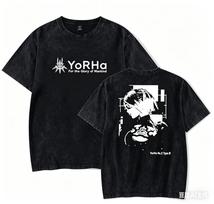 2026 NieR Automata T-shirt, Washed Cotton Tee With YoRHa Logo & 2B Silhouette Double Sided Art Print, Oversized Streetwear 4XL black