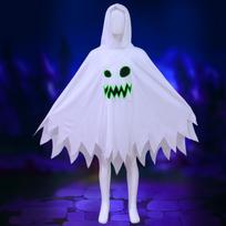 Kids Halloween Ghost Cape With Glow Face Design Lightweight Costume Party Stage Performance Trick-or-Treat M-120 for 110-120cm height white