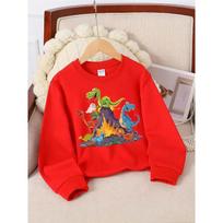 Kids Fashionable Crewneck Sweatshirt, Dinosaurs Volcano Fire Cartoon Fun Print,Casual Sportswear for Spring & Autumn 170 raudona