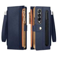 Odinis piniginės dėklas, skirtas Samsung Galaxy Z Fold 6 4 3 2 5 5G su rašiklio laikikliu kortelės lizdo užtrauktuku atverčiamas dangtelis For Galaxy Z Fold 3 gray