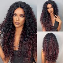 ALAN EATON Long Kinky, garbanoti nėriniai priekiniai perukai Vidurinė dalis Ombre Juoda Ruda Highlight Lace Sintetinis perukas moterims Karščiui atsparus brown