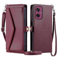 For Motorola Moto G55 5G Leather Case Wallet Stand Phone Cover with Straps - Wine Red less