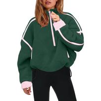 Women's Color Semi High Neck Sweatshirt, Casual Zipper Loose Top Sweatshirt S tamsiai žalia spalva