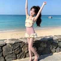 Cute Summer One Piece Swimsuit For Girls Strap Bikini Big Kid Beachwear 150 beige