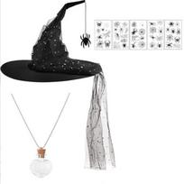Black Mesh Witch Costume Hat Set With Pointed Top for Cosplay Party Photos and Travel Friendly Carry 1 white