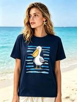 Watercolor Cartoon Pelican Graphic T Shirt Blue Hand Drawn Wave Stripes Breathable Cotton Short Sleeve Ladies Beach Daily Top 3XL beige