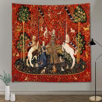 Viduramžių dama ir vienaragis gobelenas, Dama su vienaragiu serijos įkvėptas meno spaudinys sienos dekoracija namams 200x180CM
