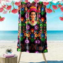 Name Custom Frida Kahlo Print Beach Towel, Large Soft Quick Dry Towel for Beach Camping Swimming 70cmx140cm(27x55inch) black
