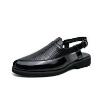 Men British Sandals Personality Woven Pattern PU Stitching Hollow Square Buckle Comfortable Fashion Summer Men Shoes 45 black