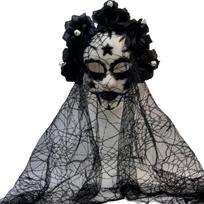 Sugar Skull Party Face Cover for Adults with Sheer Back Drape and Flower Head Trim, Halloween Costume Wear Looks black