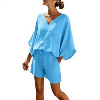 Women's Fashion Loose-Fit -Color Casual Set S mėlyna