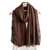Long Chiffon Scarf Women Lace Stitching Hijab Solid Color Elegant Summer Shawl Embroidery Wrap Lightweight Headscarf 1pc long  scarf(70x180cm) black