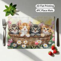 Cute Kitten Daisy Tulip Flower Heat Resistant Washable Table Placemats Kitchen Dining Home Decor 4 Piece Set 4pcs gray