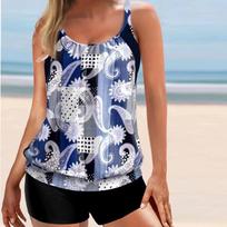 Women's Tropical Leaf Print Halter Tankini Top With Solid Boy Shorts Two-Piece Swimsuit XXL gray