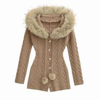 Women's Spicy American Hooded Knit Long Sleeve Bodysuit - Slim Fit, Early Autumn Style, Temperament Base Layer with Shorts Medium chaki