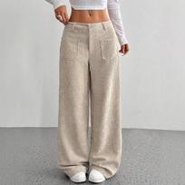 Women's Corduroy Wide Leg Pants with Patchwork Design High Waist Loose Fit Casual Trousers L gray