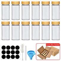 12 pcs Glass Spice Jars with Bamboo Lids Include with Minimalist Spice Labels Stickers Collapsible Funnel Kitchen Spice Jar Set gray