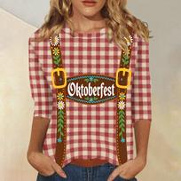 Women's Casual Three Quarter Sleeve Oktoberfest Print Round Neck Shirt Striped Pattern Oktoberfest Theme Top XL