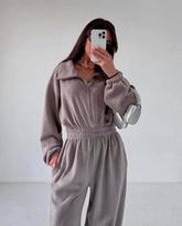 Moteriškas rudas velvetinis kombinezonas, ilgomis rankovėmis, su užtrauktuku, oversized, laisvo kirpimo, platūs kelnės, laisvalaikio, namų drabužiai M gray