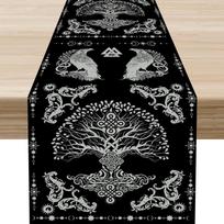 Norse Viking Linen Table Runner Home Decor Black Nordic Mythology Tree Crow Raven Print Kitchen Dining Table Runners Party Decor 150x33cm gray