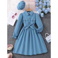 New Big Girl's Long-sleeved Lapel Solid Color Dress with Belt and Hat 10Y
