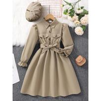 New Big Girl's Long-sleeved Lapel Solid Color Dress with Belt and Hat 11Y gelsvai ruda