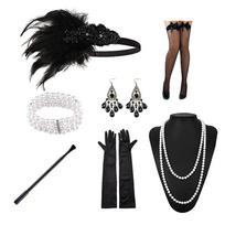 1Renginys 1920 m. sklendžiantis Cosplay kostiumas, plunksnas, galvos apdangalas perlų karoliai, apyrankės, kojinės, ilgos pirštinės Gatsby maskuoklio priedai black