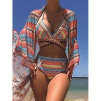 Boho Striped Crochet Bikini Set with Paisley Print Beach Cover Up M oranžinė