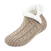 Thick Indoor Slipper Socks with a Flatter Machine-Linked Toe Seam, Cable Texture and Traction Dots for Cool-Weather Use S chaki