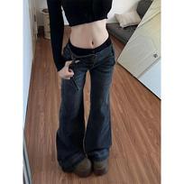 American Style Spicy Girl Design with Patchwork Micro Flared Jeans Women's Retro Washed Vintage Versatile Pants XXL juoda